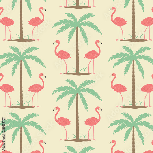 Tropical summer vector seamless pattern illustration. Exotic jungle vacation repeat tile with flamingos, symmetrical palm trees on light background. Stylized modern bright playful Art deco design
