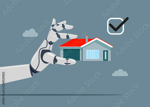 Robotic hand holds home. Purchase and pick real estate home online. Online safe property purchase deal, transaction security. Vector illustration