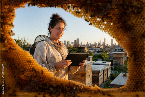Urban beekeeper monitoring smart hives on a rooftop