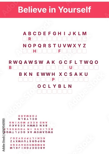 Konstfotografi Believe in Yourself cryptogram puzzle with hidden motivational message letter ci