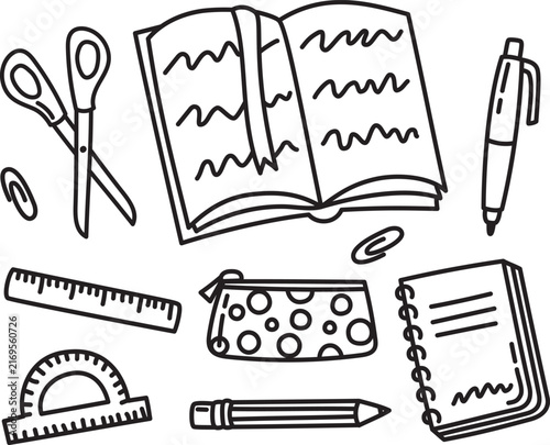 Set with black outline school supplies. Open book, scissors, pen, notebook, pencil, ruler, pencil case, protractor and paper clips