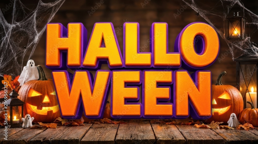 Naklejka premium Halloween 3D text sign with carved pumpkins and ghosts on a rustic wooden background