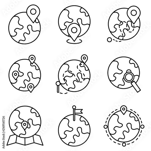 Global location globe pin icon. World map navigation and geolocation symbol. Collection with outline style. Vector illustration.