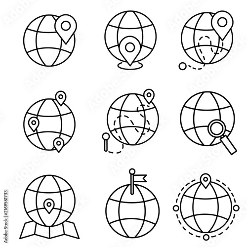 Global location globe pin icon. World map navigation and geolocation symbol. Collection with outline style. Vector illustration.