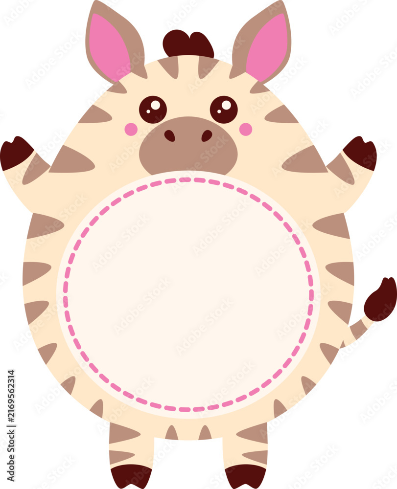 Fototapeta premium Cute Zebra Round Name Tag with Wild Animal Clipart Character Style