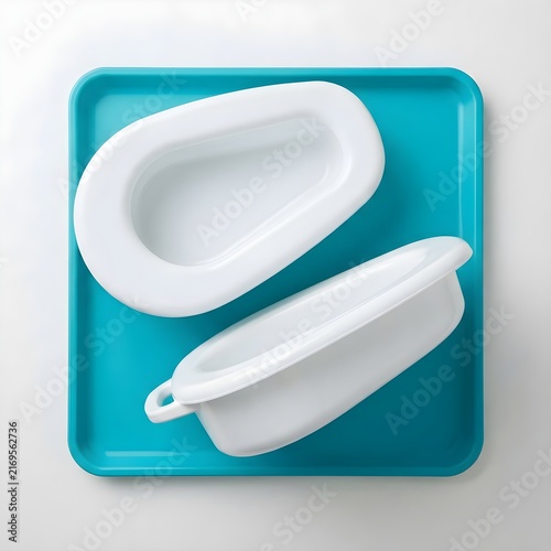 Medical bedpan set on blue tray, white plastic hospital urinal equipment, healthcare sanitation supplies for patient care