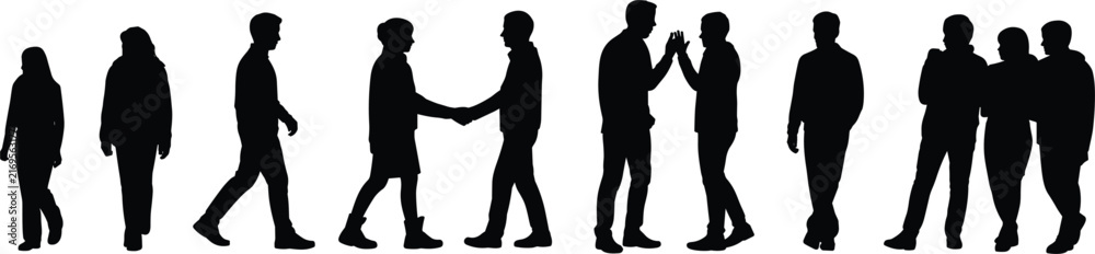 Fototapeta premium Black silhouettes of people walking, shaking hands, and standing in small groups isolated on a white background, for use in, various and architectural projects