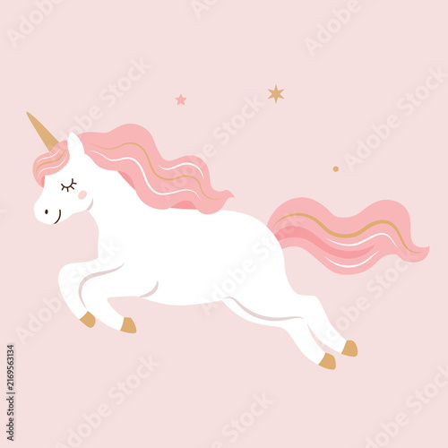Flying unicorn illustration with a pink mane and tail, golden horn, and pastel colors. Magical fantasy character resting peacefully, ideal for nursery decor, children’s designs, stickers, and print
