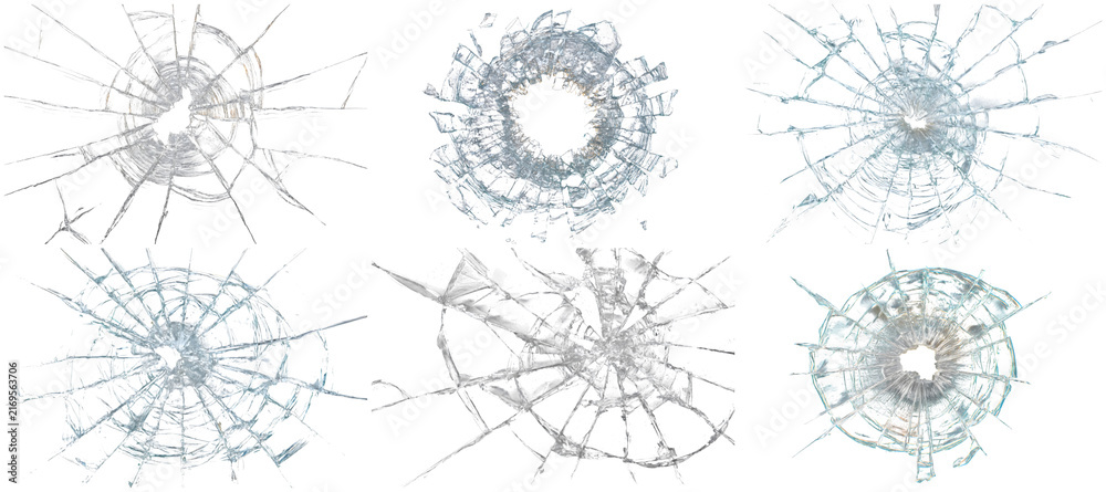 Obraz premium Set of broken glass cracks and bullet hole overlays isolated on transparent background