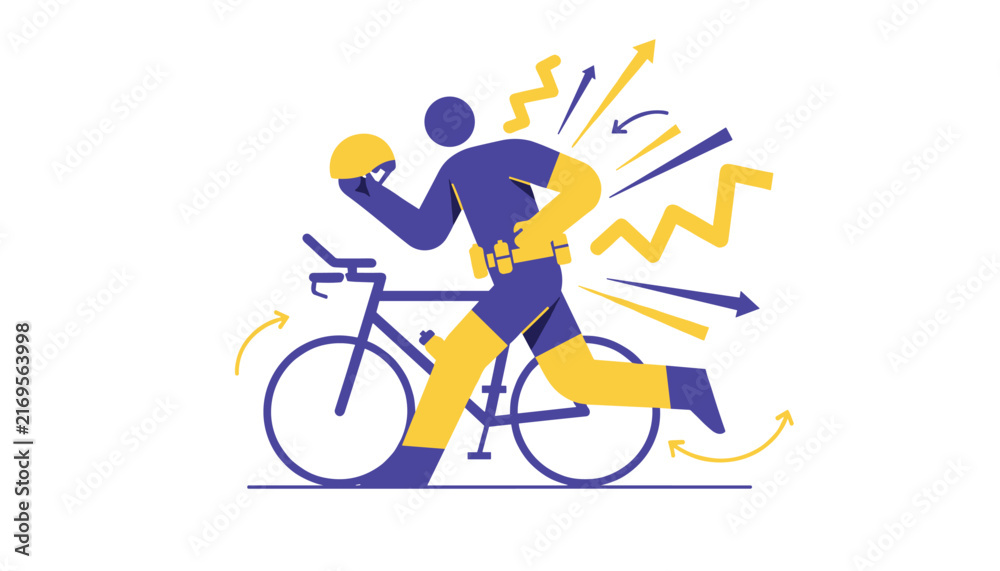 Fototapeta premium Triathlete running while holding a helmet next to a bicycle with abstract arrows representing speed and energy.
