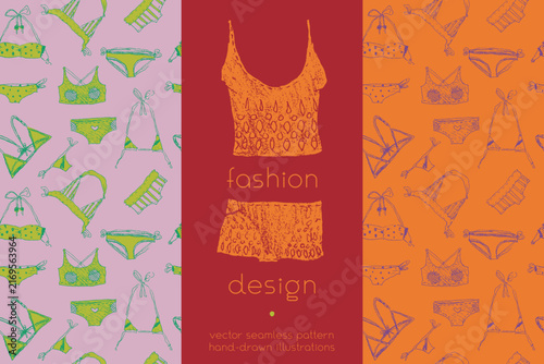 Colorful vector set of hand drawn lingerie and swimwear patterns in pop art style for fashion, textile design, packaging, wallpaper, beachwear, branding and editorial projects.