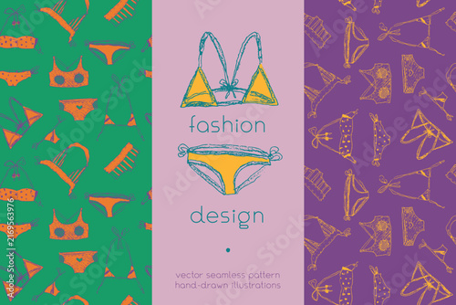 Colorful vector set of hand drawn lingerie and swimwear patterns in pop art style for fashion, textile design, packaging, wallpaper, beachwear, branding and editorial projects.