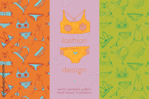 Colorful vector set of hand drawn lingerie and swimwear patterns in pop art style for fashion, textile design, packaging, wallpaper, beachwear, branding and editorial projects.