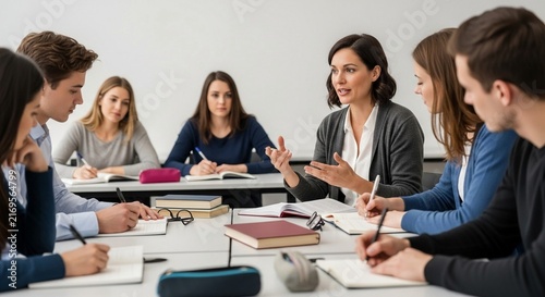 Engaged female lecturer leading an interactive educational seminar with students at a table