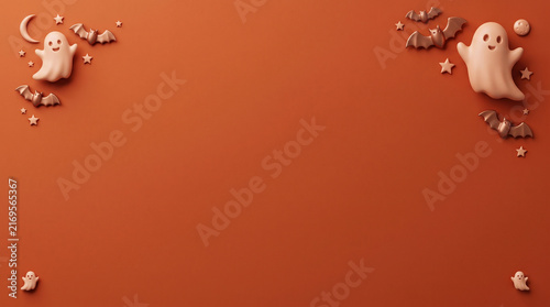 Halloween flat lay background with cute ghost and bat decorations on orange surface