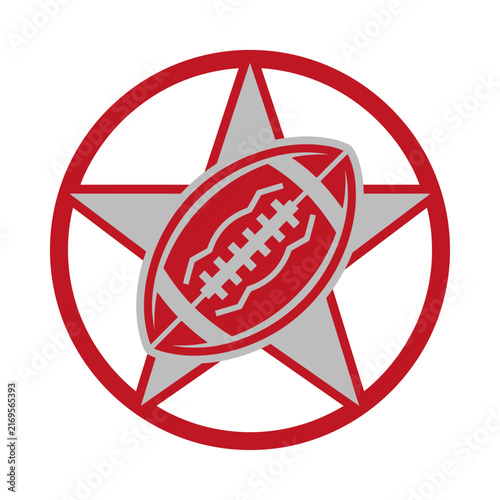 Flat Vector Badge Logo Design Featuring a Red American Football Superimposed on a Grey Five-Pointed Star Inside a Red Circular Border, Sports Team Graphic Illustration.