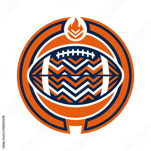 Modern Flat Vector Badge of an American Football with Zigzag Chevron Pattern in Orange and Navy Blue, Stylized Sports Logo with Flame Icon and Circular Emblem for Athletic Team Identity