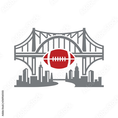 Flat Vector Logo Featuring a Red American Football Centered Against a Grey Suspension Bridge and City Skyline Silhouette; Ideal for Professional Sports Teams and Urban Fan Apparel.