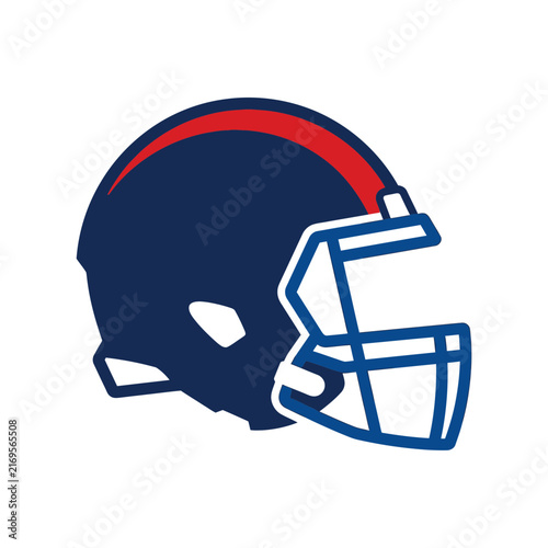 Flat Vector Illustration of a Professional American Football Helmet Featuring a Dark Navy Blue Shell, Bold Red Top Stripe, and Structured Blue Facemask, Isolated on White Background