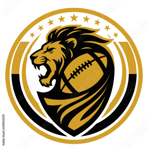 Roaring Lion Mascot Logo with American Football and Shield Motif, Gold and Black Circular Sports Emblem with Stars for Varsity Team Branding or Athletic Club Identity Vector