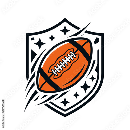 American Football Team Logo Illustration Featuring an Orange Ball with Speed Motion Lines and Four-Pointed Stars Set Against a Protective Shield Crest Frame, Flat Vector Icon Design.
