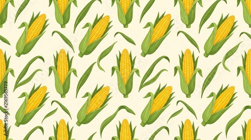 Corn pattern displaying whole yellow ears and leafy husks repeating across a light cream backdrop.