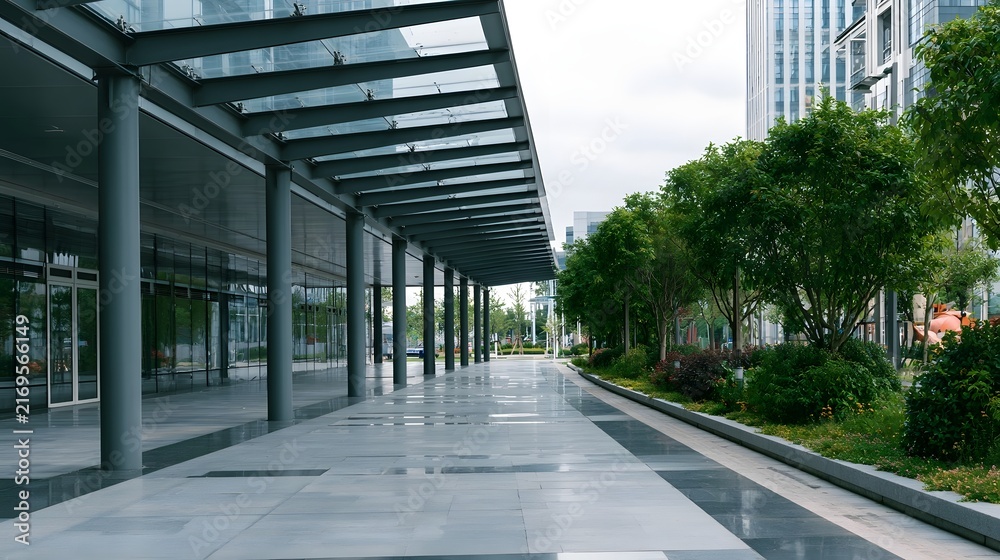 Fototapeta premium Modern glass and steel canopy shelters a wide paved walkway lined with green trees and shrubs under overcast sky