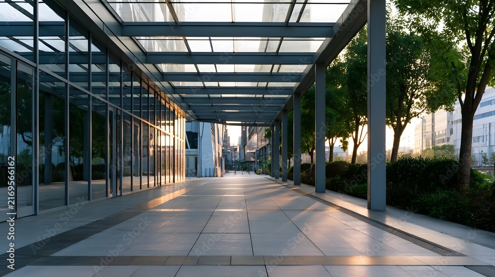 Naklejka premium Modern glass and steel canopy shelters a paved walkway lined with trees and reflective glass walls under soft golden light