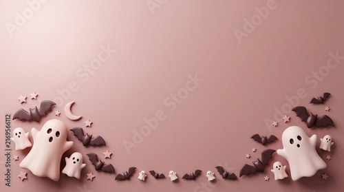 Halloween flat lay background with cute ghosts and bats on a soft pink surface