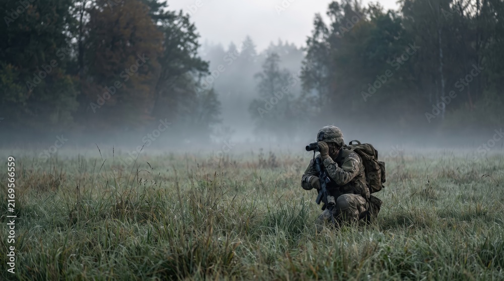 Obraz premium armed soldier in camouflage uniform kneeling in foggy field looking through binoculars. military reconnaissance and tactical surveillance concept. copyspace, banner, website header.