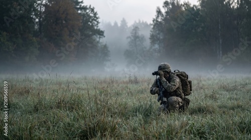 armed soldier in camouflage uniform kneeling in foggy field looking through binoculars. military reconnaissance and tactical surveillance concept. copyspace, banner, website header.