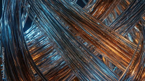 Fiber texture abstract macro background featuring interwoven glass and chrome strands with warm and cool lighting effects