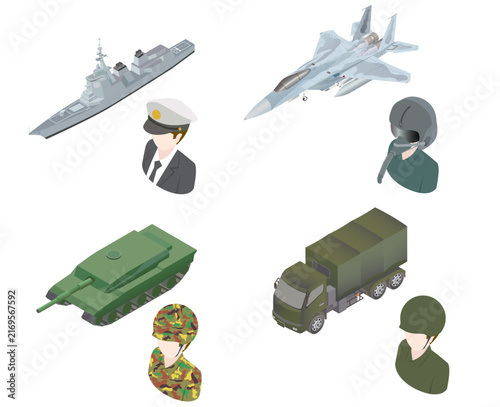 アイソメトリックな軍隊の乗り物と兵士のイラストセット