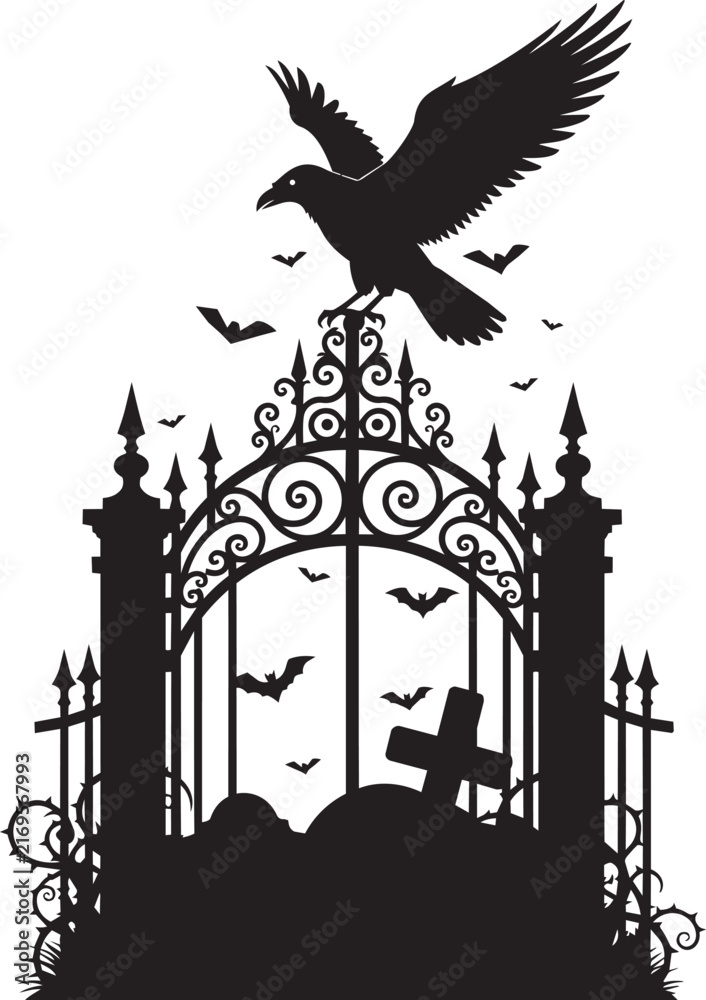 Fototapeta premium Gothic Cemetery Gate with Raven Crosses and Bats Silhouette
