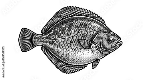 Detailed vintage flounder flatfish woodcut illustration