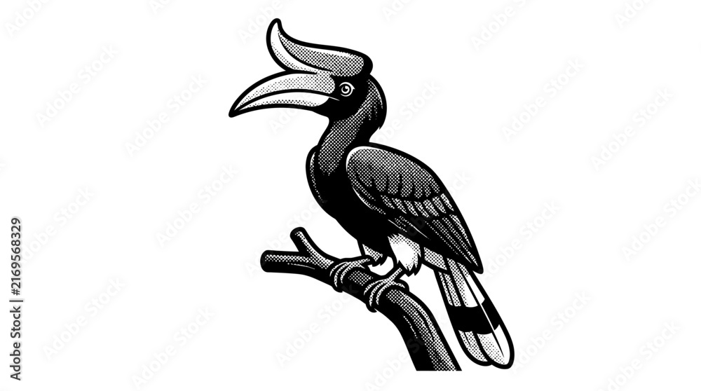 Naklejka premium Hornbill bird perched on a branch engraving.