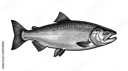 Salmon fish woodcut engraving on white background.
