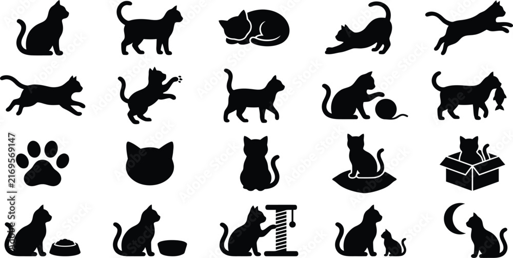 Obraz premium Set of black cat silhouettes in various poses and activities isolated on a white background Vector