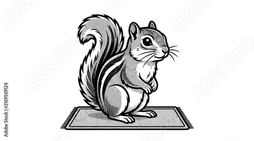 Squirrel sitting on rug woodcut engraving illustration.