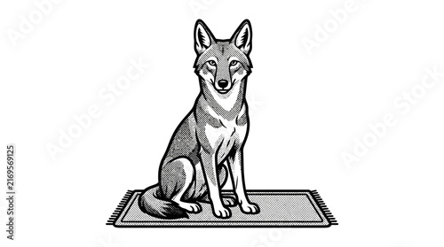 Sitting wolf or coyote on a decorative rug.