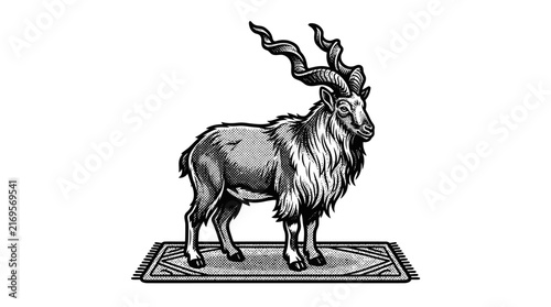 Vintage engraving of markhor goat on rug
