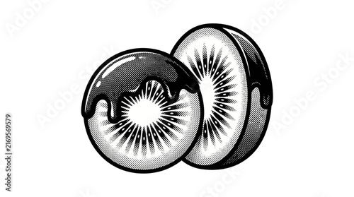 Vintage engraving of kiwi slices with chocolate