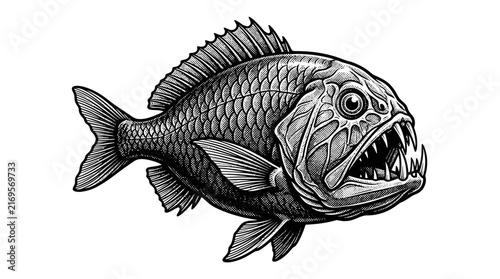 Vintage predatory fish illustration with sharp teeth.