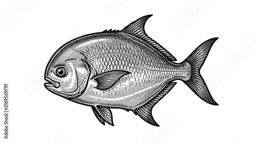 Vintage pomfret fish engraving for seafood menus.