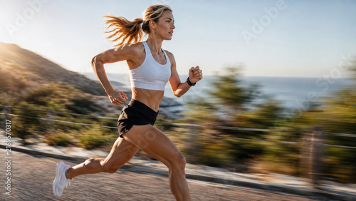Athletic blonde woman jogging at pace along scenic coastal highway, athletic physique in white sports bra and black shorts with ocean backdrop during golden hour light