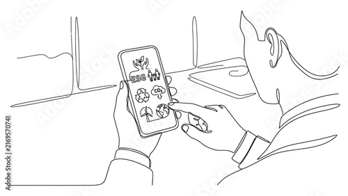 Continuous line drawing of a person interacting with a mobile application interface.