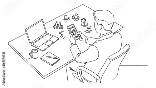 A line drawing of a professional working at a desk with sustainable energy icons.