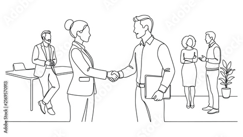 Business handshake between professional man and woman in office line art.
