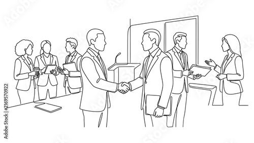 Continuous line drawing of business people shaking hands in a corporate office meeting.