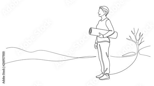 Continuous line drawing of a person standing with a rolled blueprint.